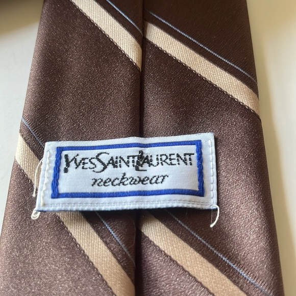 Yves Saint Laurent Neckwear Brown, Tan & Light Blue Silk Tie with “YSL” Emblem - Picture 5 of 6